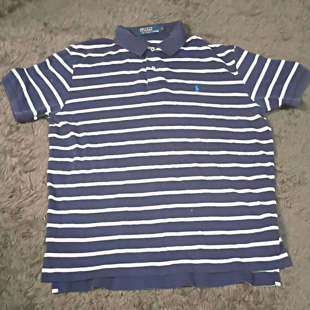 Polo Ralph Lauren Men's L Blue White Striped Polo Shirt Short Sleeve Buttons
